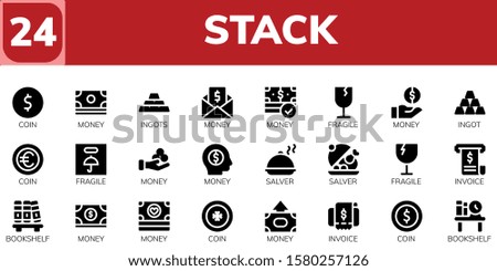 Modern Simple Set of stack Vector filled Icons. Contains such as Coin, Money, Ingots, Fragile, Ingot, Salver, Invoice, Bookshelf and more Fully Editable and Pixel Perfect icons.