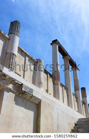 Ruins of ancient greek temple abaton of epidaurus with reconstructed columns, Peloponnese, Greece