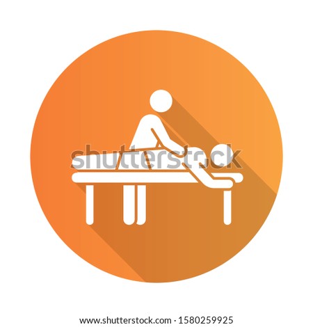 Massage orange flat design long shadow glyph icon. Spa center services. Professional medical procedure. Back pain relief. Physical treatment. Injury healing. Vector silhouette illustration