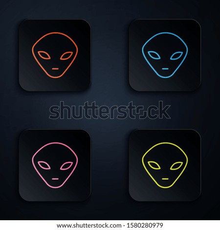 Color neon line Alien icon isolated on black background. Extraterrestrial alien face or head symbol. Set icons in square buttons. Vector Illustration