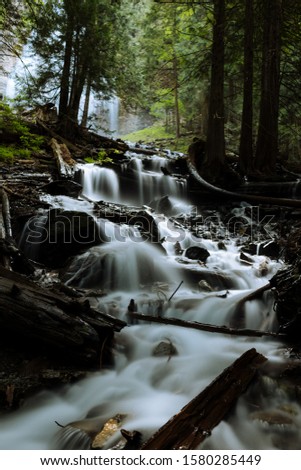 Long exposure of small river torrent with cascades flows through the forest
