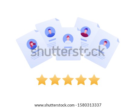 Customer feedback survey flat business vector illustration. Best quality service and hr concept. Documents with people face and star sign isolated on white. Design element for banner, background, web.