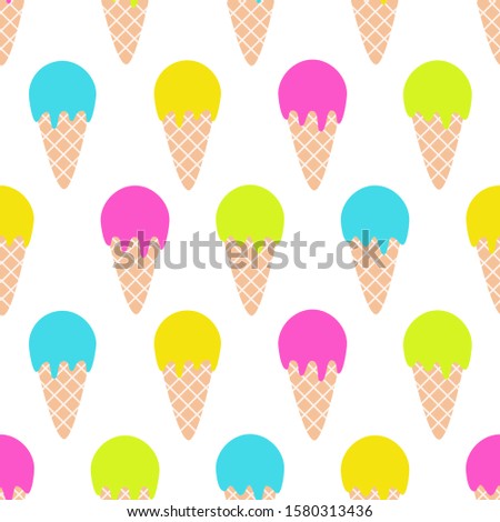 Iice cream pattern. Seamless pattern with ice-cream cone in tasty bright colors. Vector illustration.