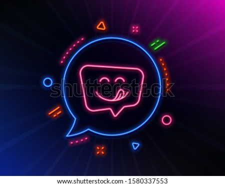 Yummy smile line icon. Neon laser lights. Emoticon with tongue sign. Speech bubble symbol. Glow laser speech bubble. Neon lights chat bubble. Banner badge with yummy smile icon. Vector