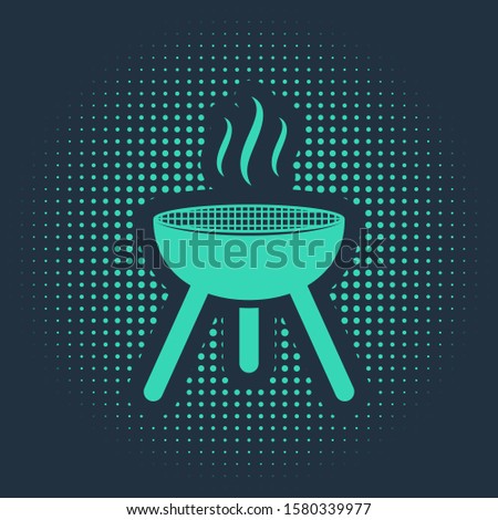 Green Barbecue grill icon isolated on blue background. BBQ grill party. Abstract circle random dots. Vector Illustration