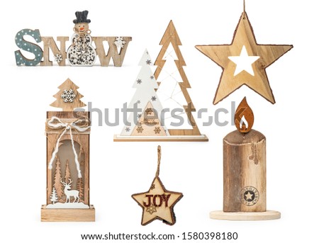 Set of Wooden Christmas decorative items isolated on white background, Clipping path included 