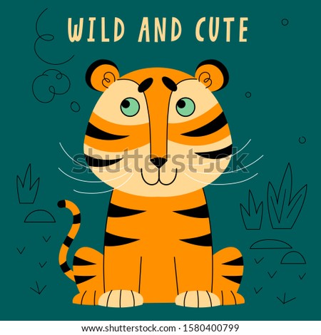Hand drawn vector illustration of a cute funny cartoon tiger, with handwritten text "wild and cute". Dark green background with doodles. Concept for children print. 