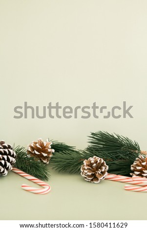 Styled colorful photo with pine cones, candy canes, and evergreen branches on light green background, copy space, Christmas flat lay