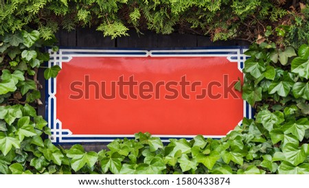 Red rectangular metal sign board bordered by leaves of common ivy and thuja. Hedera helix. Ornate blank metallic nameplate in lush green foliage of evergreen plants and cedar hedge on wood background.