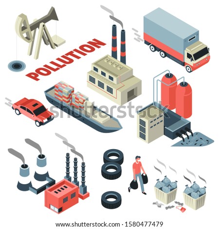 Transport and factory air or water pollution, garbage and smoke isolated icons vector. Freight ship and plants, car or truck and oil pump. Litter and tires, industrial wastes, ecology and environment