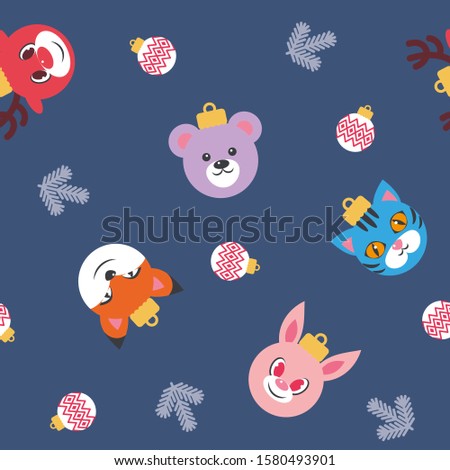 Christmas seamless pattern with christmas decorations animals bear, deer, cat, rabbit on the dark blue background. Vector illustration, flat, texture, wallpaper, paper, background for packaging, texti