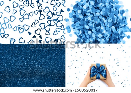 Collage made from festive pictures in modern blue color. Flat lay style.