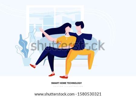 Couple Sitting On Sofa Listening To Music On Wireless Speaker. Can use for web banner, infographics, hero images.