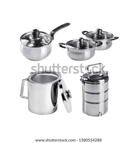 Kitchenware or Group of stainless steel kitchenware on background new