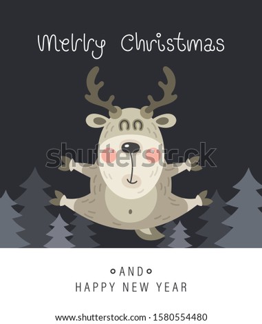 Merry christmas and happy new year greeting card. The inscription and deer in the forest. Vector illustration.