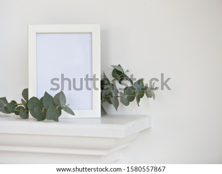 Empty white frame photo mockup template. Eucalyptus leaves in closeup isolated over white wall.