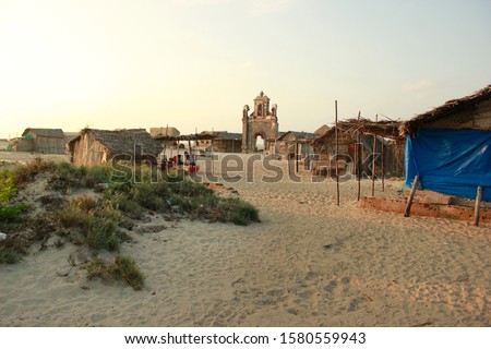 Front view Picture of destroyed Portuguese church in Dhanushkodi Island, Tamil Nadu, India.  Also called as Ghost Town. Destroyed by a cyclone in the year of 1964. Built 300 years ago using sea coral