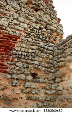 Close view Picture of destroyed Portuguese church in Dhanushkodi Island, Tamil Nadu, India.  Also called as Ghost Town. Destroyed by a cyclone in the year of 1964. Built 300 years ago using sea coral
