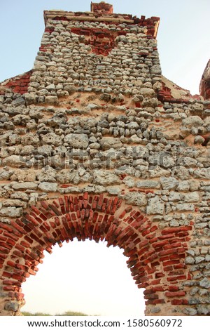 Inner view Picture of destroyed Portuguese church in Dhanushkodi Island, Tamil Nadu, India.  Also called as Ghost Town. Destroyed by a cyclone in the year of 1964. Built 300 years ago using sea coral