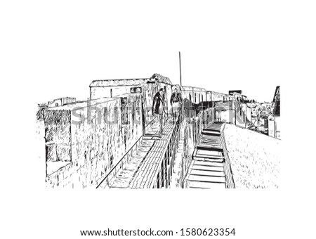 Building view with landmark of Caen is a port city and capital of Calvados department in northern France's Normandy region. Hand drawn sketch illustration in vector.