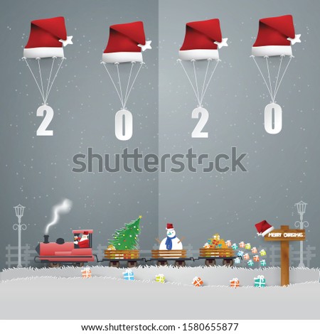 Illustration of Happy new year and Merry Christmas with Santa Claus driving Transportation Train carry Christmas tree and gift box and text 2020 flying on Parachule air shipping on the sky .