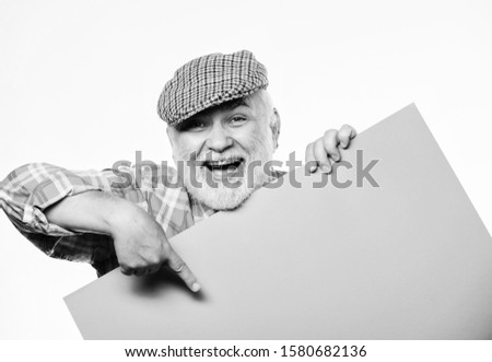 Public information. Advertisement elderly people. Announcement concept. Pensioner hold poster information copy space. Senior bearded man peeking out of banner place information. Weekend entertainment.