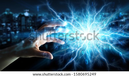 Businessman on dark background creating renewable and sustainable eco energy 3D rendering