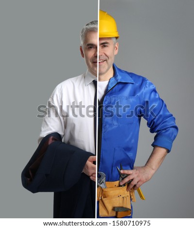 Comparison portrait of man in uniforms of different professions on grey background Royalty-Free Stock Photo #1580710975