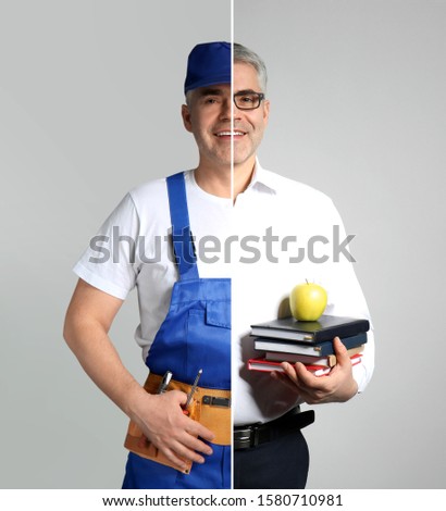Comparison portrait of man in uniforms of different professions on grey background Royalty-Free Stock Photo #1580710981