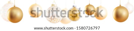 banner with golden Christmas balls isolated on white background