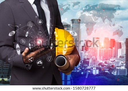 Double exposure engineering using tablet digital technology interfaces icon no city  background.