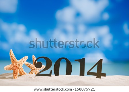 2014 letters numbers with starfish, ocean , beach and seascape, shallow dof