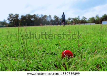 Red ball on grass in a cricket ground