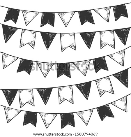 Christmas decoration flags sketch engraving raster illustration. Scratch board style imitation. Black and white hand drawn image.