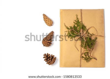 Eco gift box wrapping in kraft paper on white background isolated. Vintage eco-friendly natural style. A present with Christmas tree branch,pine cones. Top view composition,New year flatlay,copy space
