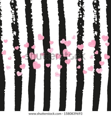 Pink glitter confetti with hearts on black stripes. Shiny random falling sequins with sparkles. Template with pink glitter confetti for party invitation, bridal shower and save the date invite.