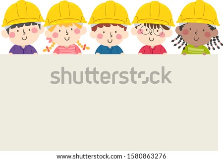 Illustration of Kids Wearing Yellow Hard Hats as Engineers Holding a Blank Board