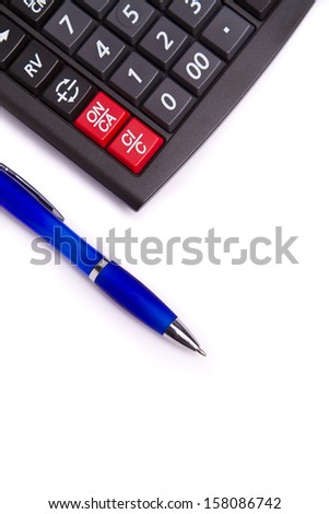 Calculator and pen isolated on white
