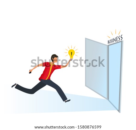 Young man holding light bulb and running to the door with business sign, concept of search new ideas solutions, imagination, creative innovation idea, brainstorming