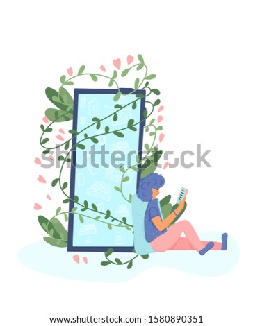 Handsome boy sitting and reading an electronic book near the huge phone with climbing plant. Young man wearing in casual clothes leaning on a pillow and leafing a literature. Vector flat illustration.
