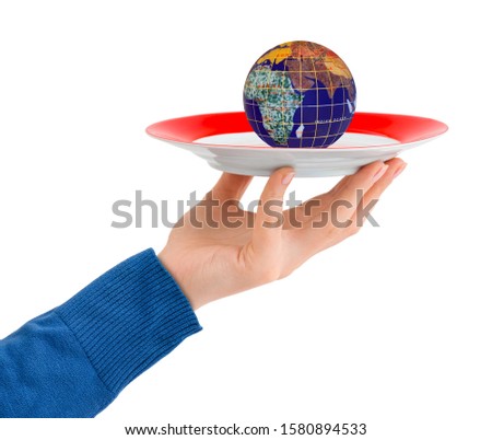 Hand with plate and globe isolated on white background