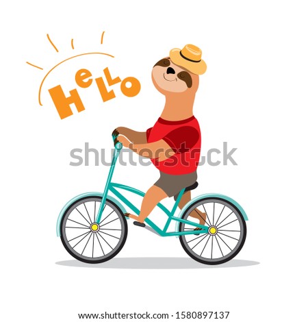 Funny sloth on a bicycle and the inscription hello on a white background