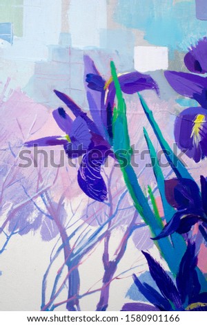 Painting the artist's canvas. still life. Beckett of irises flowers on the windowsill, choosing this photo that you made the right choice, your design will be successful,