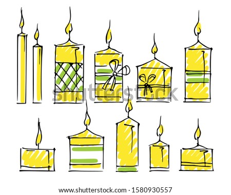 collection of different decorative burning candles felt-pen hand-drawn sketch on white background