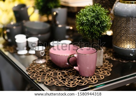background decoration with cup of chocolate on table with copy space. tree wallpaper for celebration