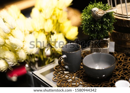 background decoration with cup of chocolate on table with copy space. tree wallpaper for celebration