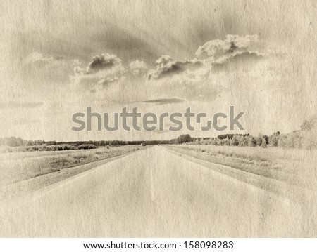 road in a fields at sunet, retro illustration