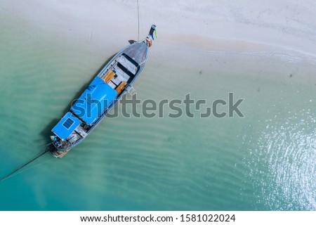 top view long tail boat on the sea beach kra bi Thailand
