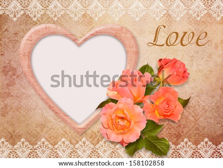 Greeting card with roses, frame and lace