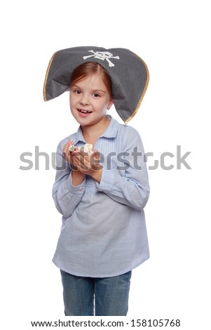 Beautiful little girl in a pirate hat over white/Pirate cute kid
